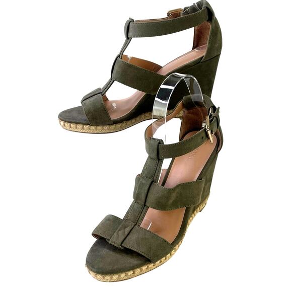 Merona Womens Open Toe Faux Suede 4" Wedge Olive Green Gold Buckle Strappy S 9 - Picture 3 of 12